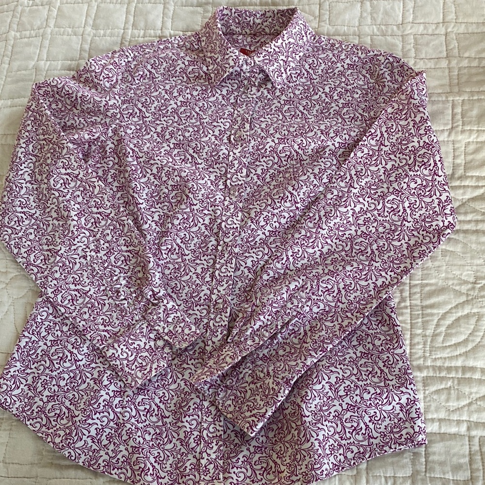 Talbots paisley stretch cotton fitted blouse in plum.